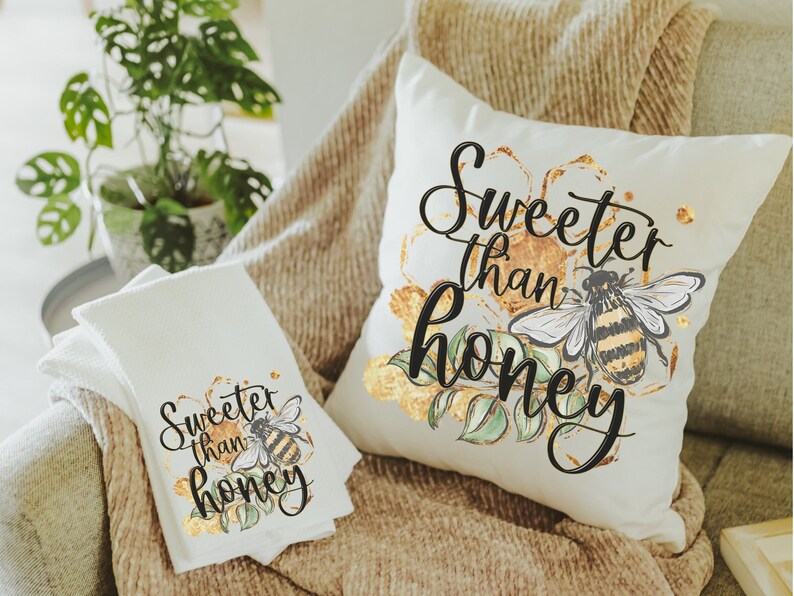 sweeter than honey bumble bee throw pillow and matching towels