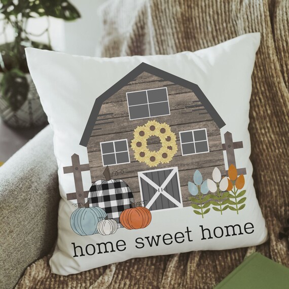 home sweet home pillow for country home, farm throw pillow for couch, Thanksgiving hostess gift for women, buffalo plaid pumpkin decor, barn