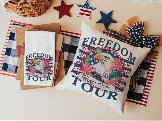 bald eagle freedom tour throw pillows for porch, Americana decor with pink floral 4th of July kitchen towels, patriotic gifts for women