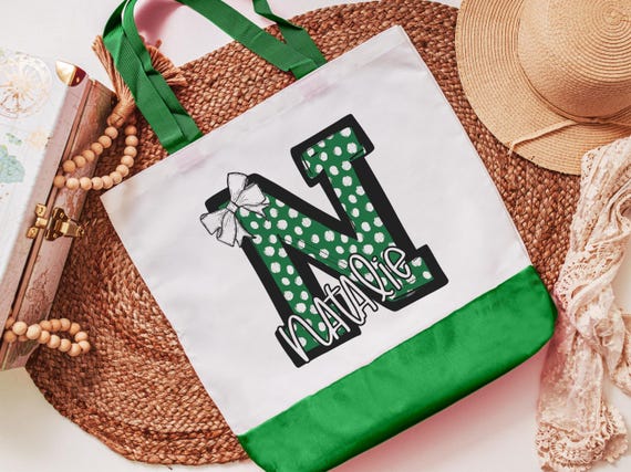 personalized initial tote bag for girlfriend, green coquette Christmas gifts for cheerleaders, custom name tote book bag for girls, secret