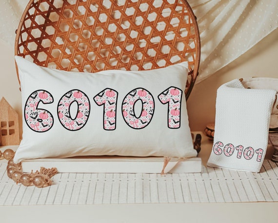 custom zip code pillow 12x20, personalized pastel Halloween lumbar pillow cover, cute Halloween gifts for adults, pink pumpkin lumbar throw