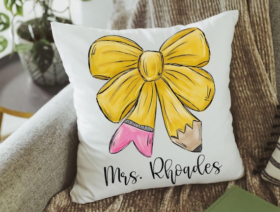 personalized back to school coquette throw pillow for seat, pencil bow cute classroom decor for preschool, new teacher welcome gifts, first