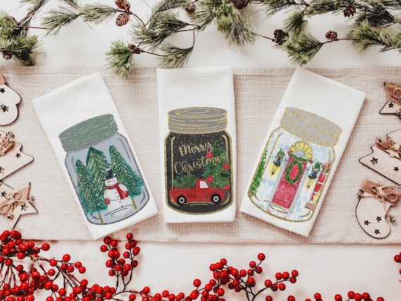 farmhouse Christmas kitchen towels set of 3, Merry Christmas canning jar hand towels for bathroom, snowman kitchen decor, hostess thank you