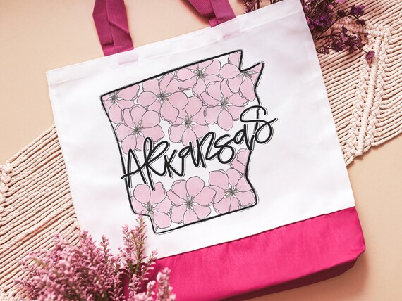 apple blossom Arkansas state flower tote bag for school, Arkansas Christmas gifts for neighbors, Arkansas game day bag for women, college