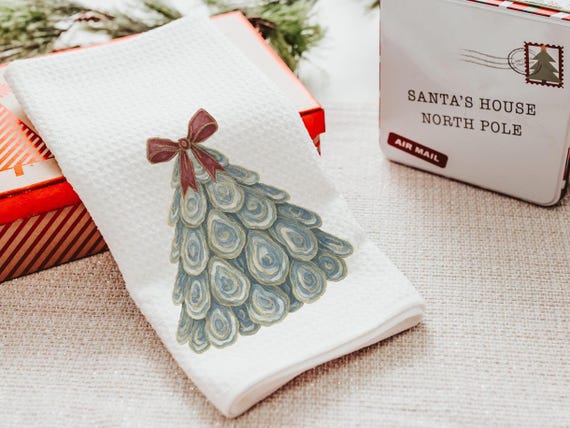 oyster shell Christmas tree tea towels, oyster Christmas gifts for Mom, nautical Christmas decorations for gifts, coastal home accents, best