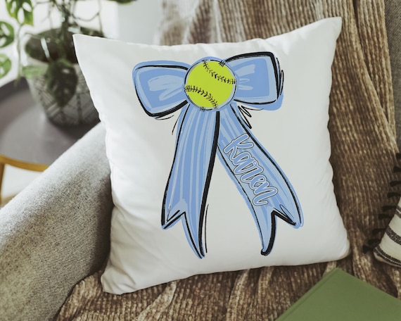 Personalized carolina blue softball name throw pillow