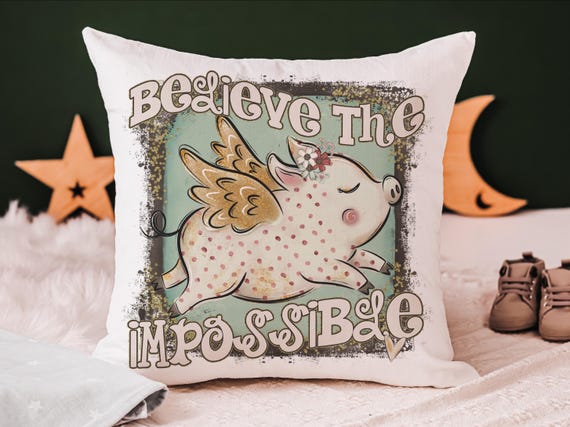 flying pig throw pillows for kids, believe the impossible inspirational gifts for girls, encouraging classroom decor, cute pig gifts for her