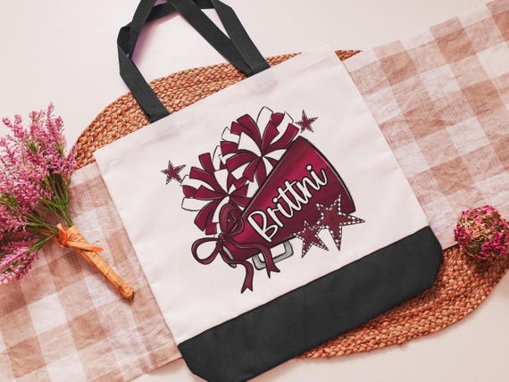 personalized cheer tote bag with name, maroon school pride cheer squad gifts, travel cheer bag for high school, cheerleader gifts from coach