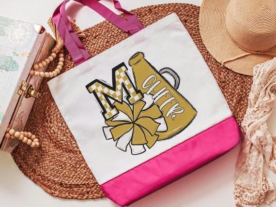 personalized white and gold cheer tote bag for girls, cheer gifts for seniors, gold checkered initial tote bag for teen girls back to school