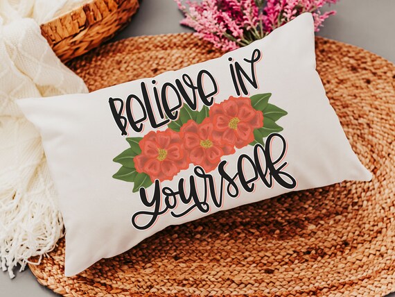 believe in yourself inspirational throw pillows for bed, red dahlia floral lumbar pillow cover 12x20, cute Christmas gifts for college girls