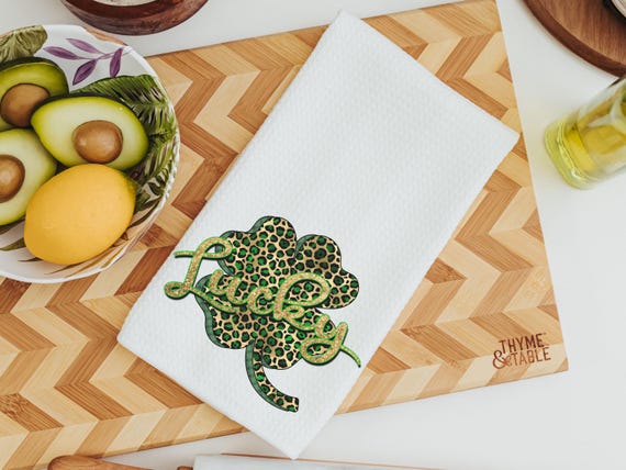 leopard print shamrock kitchen towels handmade, lucky clover St Patricks day hand towels for bathroom, Irish gifts for women, St Pattys day