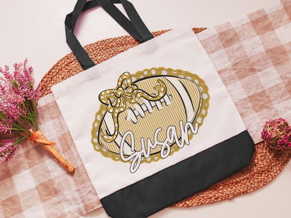 personalized seersucker football tote bag for back to school, gold school spirit items, girly football tote for games, football mom gifts