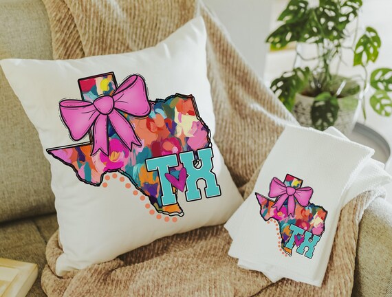 watercolor Texas throw pillow for bed cute Texas coquette kitchen towels for gift, floral Texas gifts for her, pink bow pillow cover 18 x 18