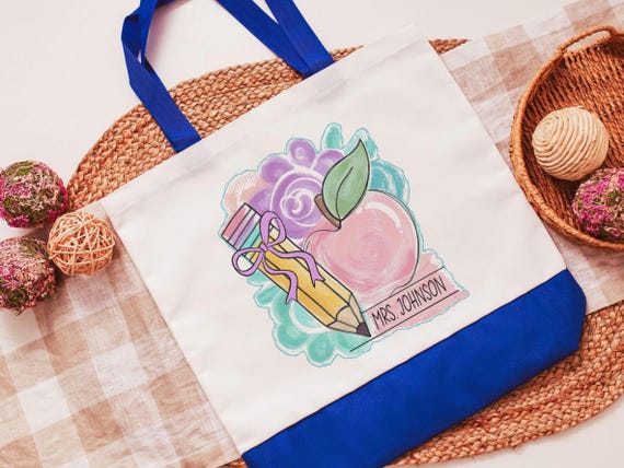 Personalized pastel apple tote bag