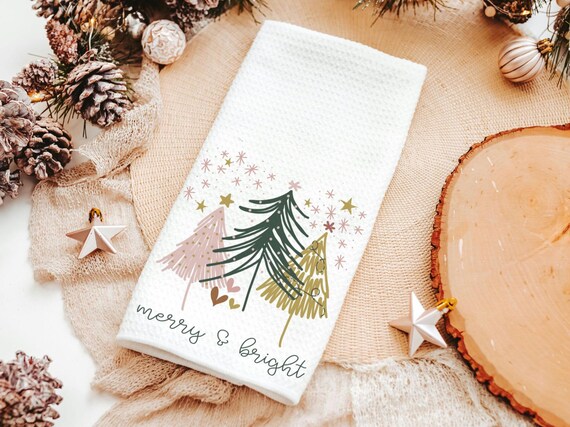 merry and bright kitchen towels for Christmas, blush pink Christmas tree hand towels for church, trending Christmas gifts for neighbors