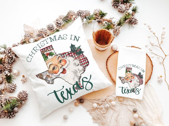 Santa throw pillows for couch, Texas kitchen towels for winter, holiday hosting decor home decor gift, Texas Christmas gifts for neighbors