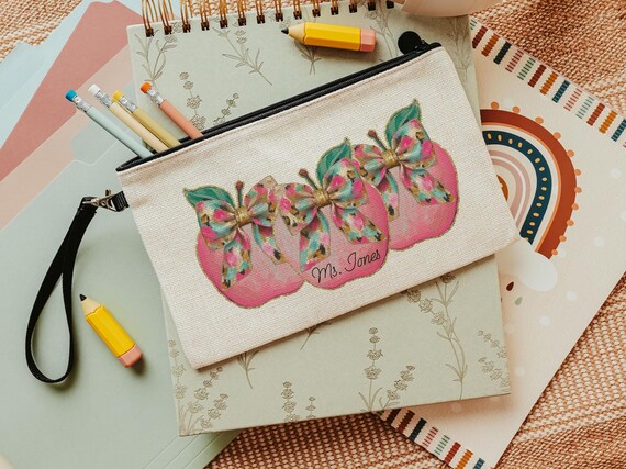 personalized apple coquette teacher pencil pouch with zipper, back to school gifts for coworkers, first day of school gifts for teachers