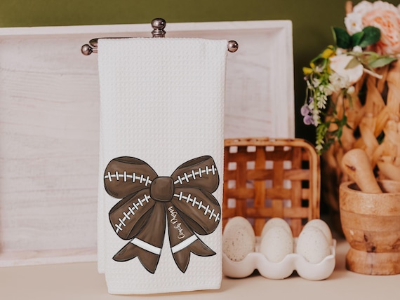 personalized football coquette bow football kitchen towels, fall kitchen decor, football mom gifts, cute football rally towel, hand towels