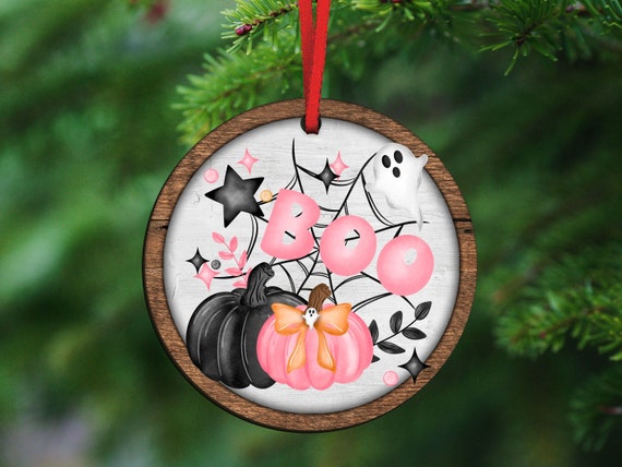 girly goth coquette Halloween tree ornament handmade, boo basket tag ghost ornament wood, cute Halloween gifts for adults, pink pumpkin door