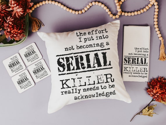 detective book reading nook pillow, dark humor gift set for best friend, serial killers and chill true crime gifts for women, funny coasters