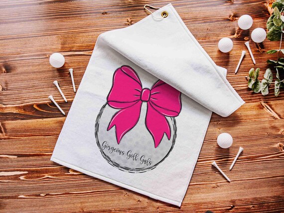 personalized hot pink golf coquette golf towel with name, cute golf Christmas gifts for golfers, girls golf team end of season gift, golfing