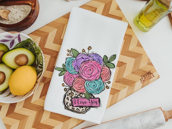 custom name kitchen towels for Christmas gifts for wife, personalized I love you floral kitchen decor, secret Santa gifts for her, leopard