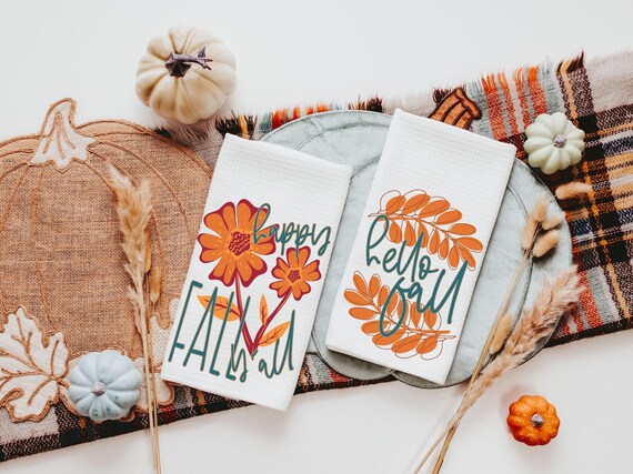 happy fall yall kitchen towels for friends, burgundy and orange flower hand towels for bathroom, fall housewarming gift for women, autumn