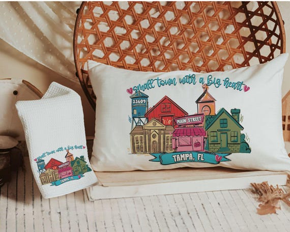 custom main street Valentine throw pillows 12 x 20, personalized small town big heart tea towel for couples, zip code home gift for in laws