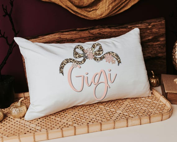 personalized blush pink gigi throw pillow for bed, leopard print bow coquette pillow cover 12 by 20, mother in law mothers day gifts