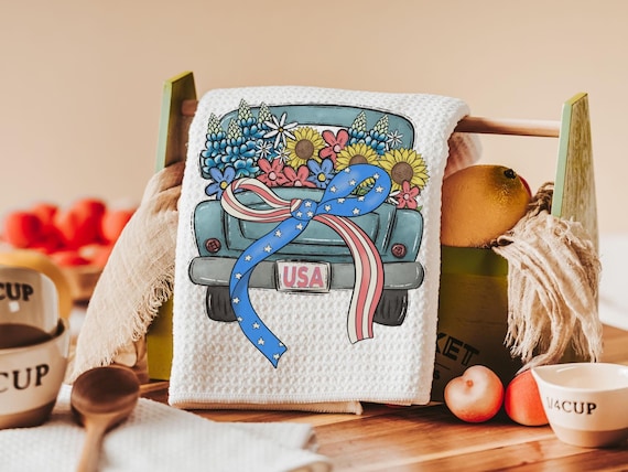 4th of July kitchen towels for beach, summer kitchen decor, patriotic bow coquette room decor, military mom gifts, floral kitchen hand towel