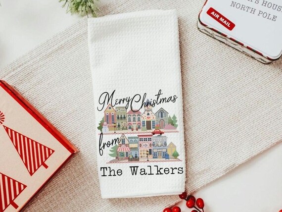 personalized Merry Christmas kitchen towels, custom small town Christmas kitchen hand towels, unique Christmas wedding gift for couple, best
