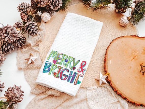 merry and bright hand towels for bathroom, colorful Christmas decor, fun Christmas gifts for adults, cute Christmas kitchen towels for gifts