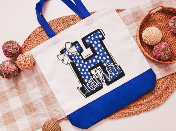 personalized initial tote bag for daughter, royal blue coquette Christmas gifts for girls, custom name tote book bag for school, secret
