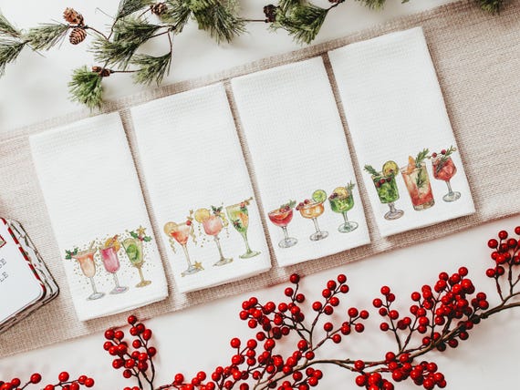 Christmas cocktail kitchen towels for Christmas bar accessories for home bar, holiday hosting decor home decor gift for couple, Xmas hand