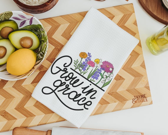 grow in grace Christian kitchen towel for bridal shower, wildflower kitchen items, faith gifts for Mom, floral kitchen decor, guest bathroom