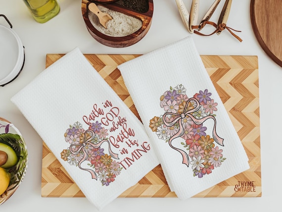 floral cross kitchen towel, faith in God LDS decor, Christian gifts for friends, faith based housewarming gifts for women, guest bathroom