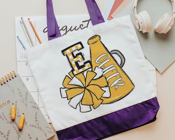 personalized butter yellow cheer tote bag for teen girls, school spirit gear, team colors cheer accessories for girls, back to school gifts