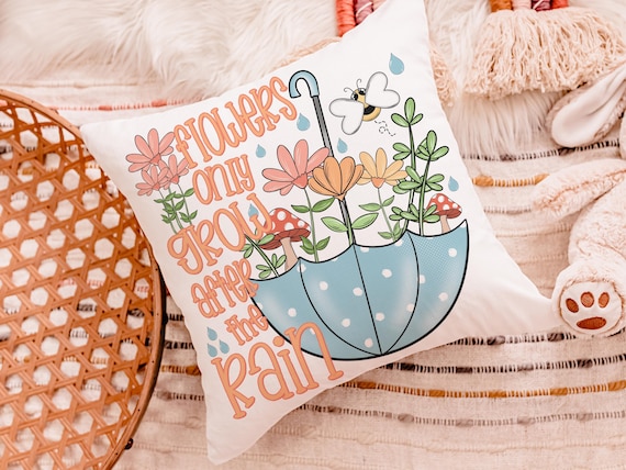 after the rain inspirational decorative pillows for girls, reading nook decor, floral throw pillow covers 18 x 18, wildflower nursery decor