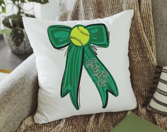 Funda de almohada personalizada verde con el espíritu escolar para la cama, decoración de softbol para dormitorios de chicas, almohada con nombre personalizado para dormitorios, regalos de softbol
