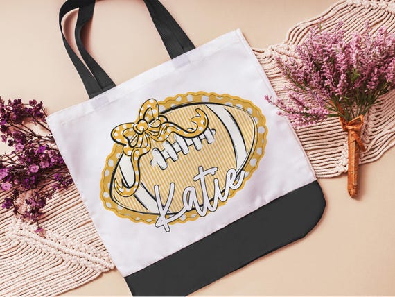 personalized yellow seersucker football tote for games, yellow school spirit bag with name, cute cheer squad gifts, cheer tote bag for girls