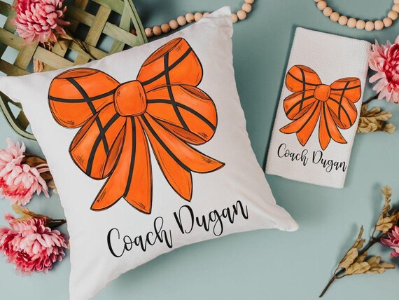 personalized girly basketball throw pillow for bed cute basketball gifts for girls, basketball coquette room decor, basketball kitchen towel