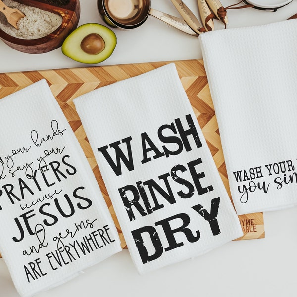 wash your hands and say your prayers funny bathroom hand towels, powder room decor, Christian humor James 4 8 Bible verse gifts for women