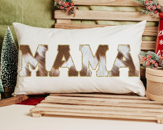 mama throw pillow for bed, cowhide lumbar pillow for chair, western decor for bedroom, cowboy baby shower gifts for mom to be, cow gifts for