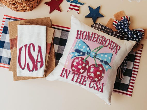 home grown cherry vibes throw pillows for porch swing, USA kitchen towel for Mom, 4th of July Americana pillow covers 18x18, patriotic gifts
