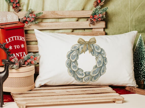 oyster shell Christmas wreath lumbar throw pillows for sunroom, oyster Christmas pillows decorative pillows for couch, trending Christmas