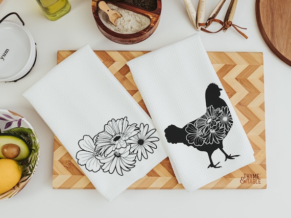 floral chicken kitchen towels for Spring, black and white farmhouse kitchen decor, cute chicken gifts for women, chicken mom gift, flower