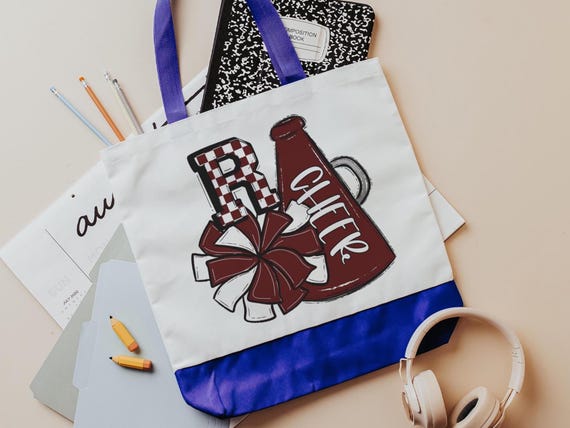 personalized white and maroon cheer tote bag for school, cheer gifts for girls, maroon checkered initial tote bag for teen girls, cheer mom