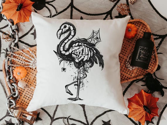 flamingo skeleton throw pillows for living room, spooky cute Halloween decor for gifts, boo basket stuffers for girlfriend, beach goth gifts