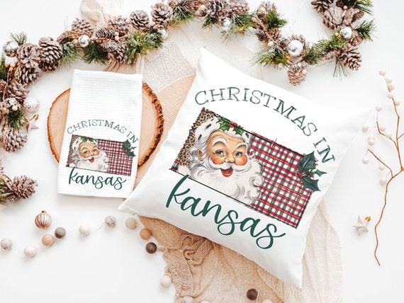 custom state Christmas throw pillows for sofa, Santa Claus Christmas kitchen towels, Wichita Kansas home decor Christmas gifts for neighbors