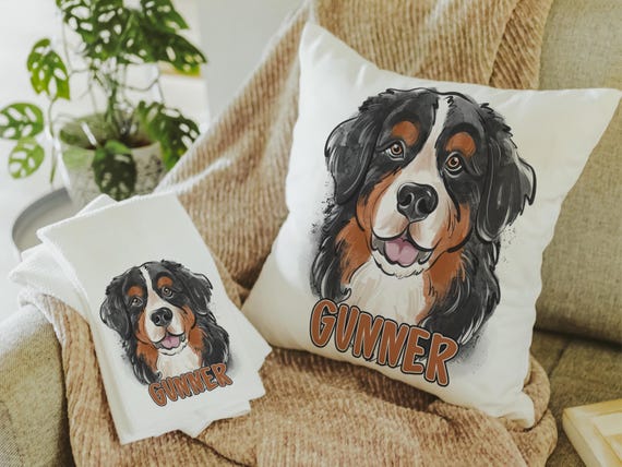 Personalized bernese mountain dog name throw pillows for sofa, bernese kitchen towels, dog lover gift for women, berney decor, cute dog gift